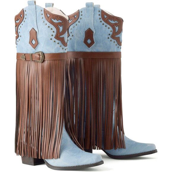 ⚡Women's Blue Fringe Embroidered Western Knee High Cowgirl Boots Chunky Heel - Picture 1 of 6